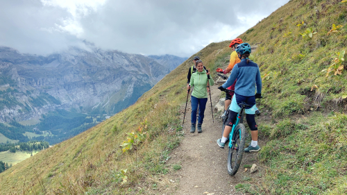 Friedliches Nebeneinander von Mountainbikern und Wanderern in Adelboden-Lenk